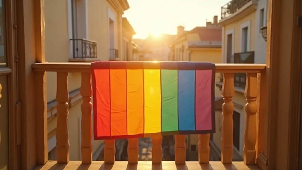 drapeau arc-en-ciel drapé sur une rambarde de balcon en bois, au soleil a Nîmes
