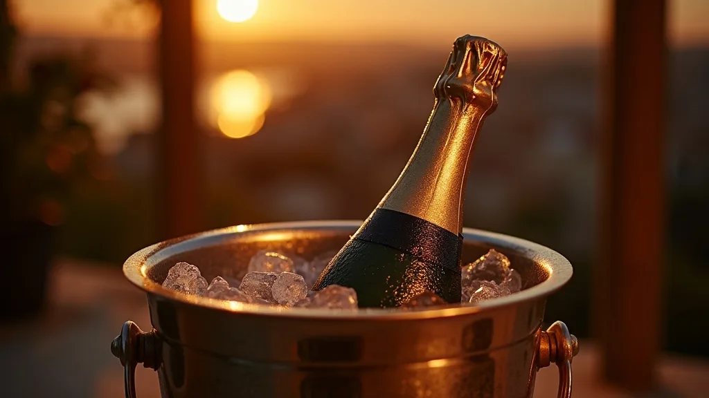 seau à champagne en acier, bouteille sur glace, lueur ambrée a Nîmes