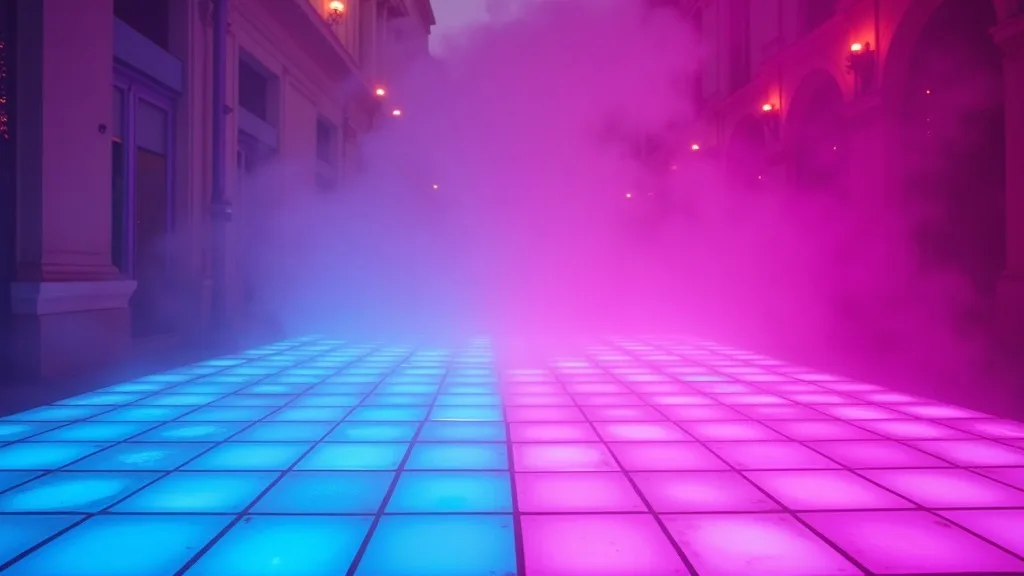 piste de danse au néon, carrés réfléchissants magenta et cyan a Nîmes