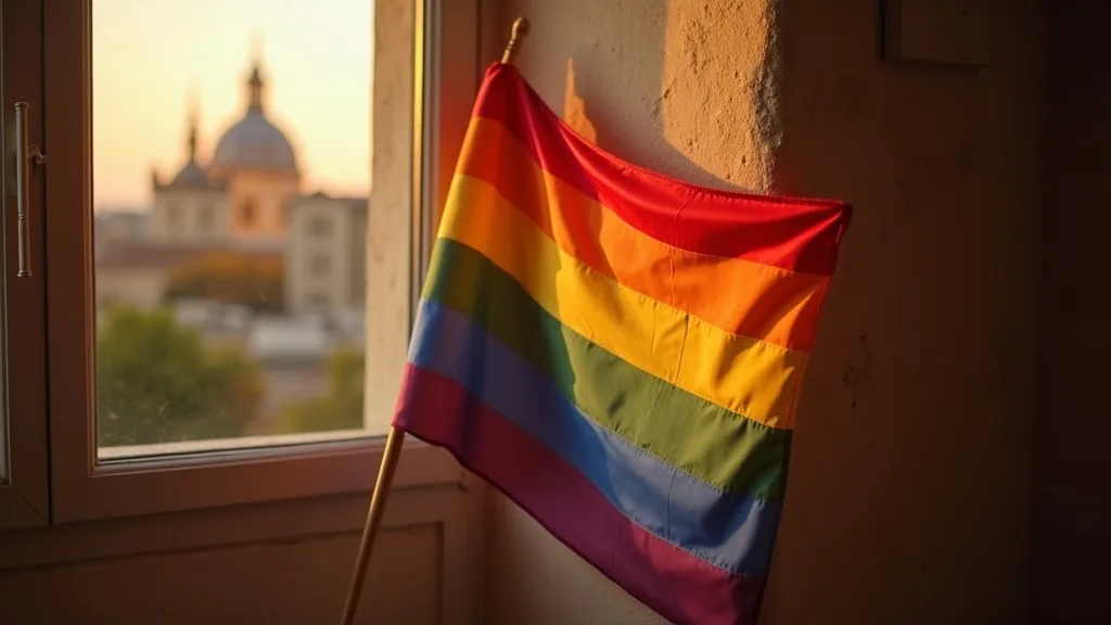 drapeau arc-en-ciel enroulé autour de sa hampe dans un angle, lumière dorée a Nîmes