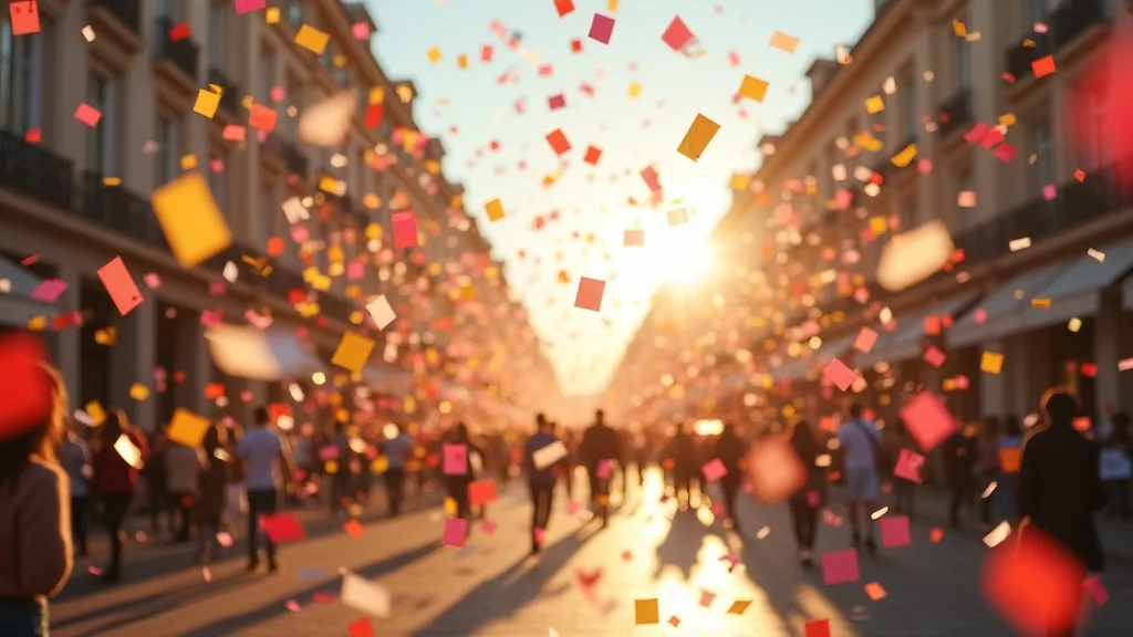 pluie de confettis multicolores en suspension au-dessus d'un boulevard ensoleille a Nîmes