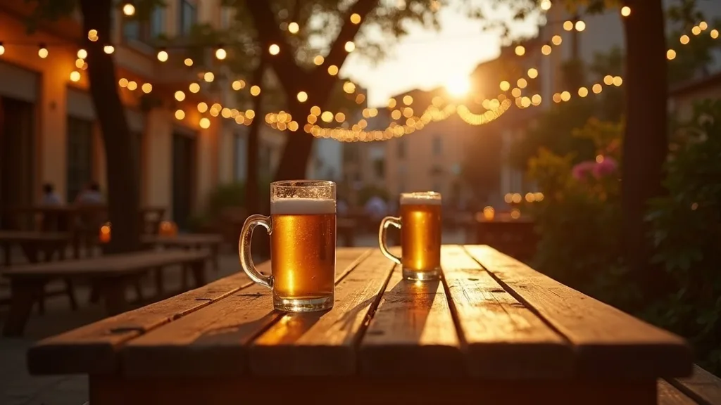 table de terrasse à bière, chopes vides et guirlandes dorées a Nîmes