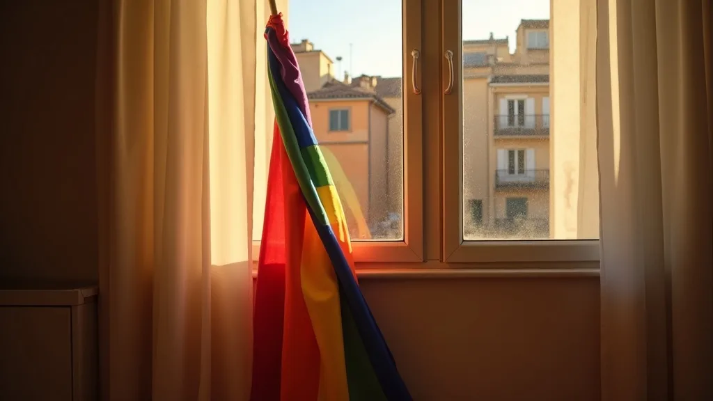 drapeau arc-en-ciel enroulé autour de sa hampe dans un angle, lumière dorée a Nîmes
