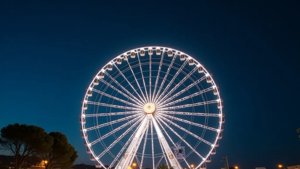 grande roue illuminée contre un ciel nocturne bleu profond a Nîmes