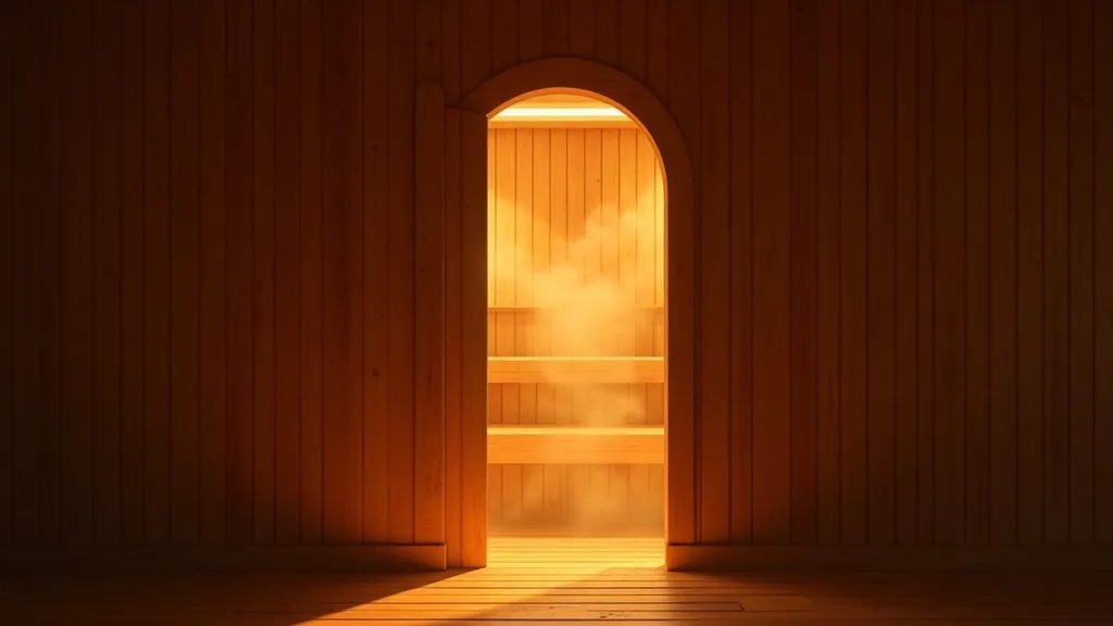 porte de sauna en bois entrouverte laissant filtrer vapeur et lumiere a Nîmes