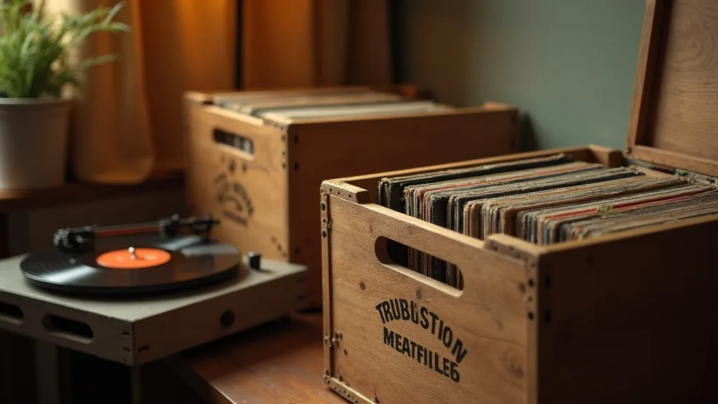 bacs de disques en bois et platine, lumière chaude sur les pochettes a Nîmes