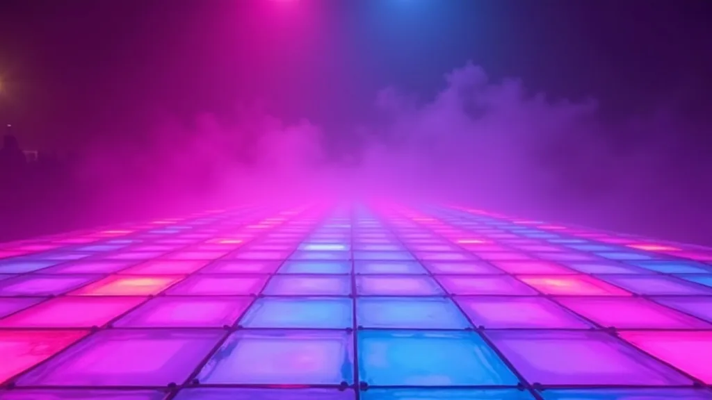 piste de danse au néon, carrés réfléchissants magenta et cyan a Nîmes