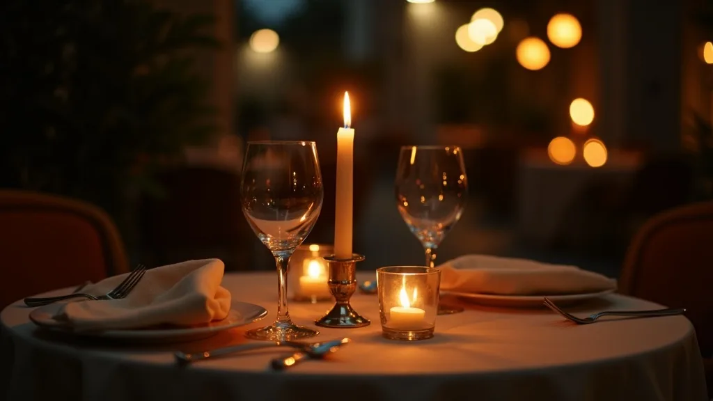 table de dîner aux chandelles dressée pour deux, lumière chaude du soir a Nîmes